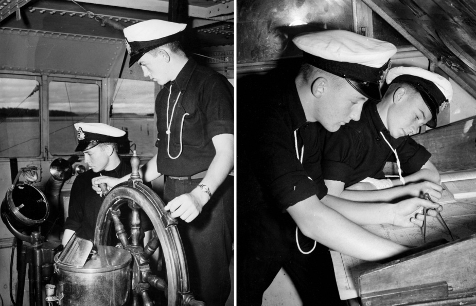 Left: A Cadet Midshipman from the Royal Australian Naval College, taking a trick at the wheel on a recent training cruise in Gladstone. (Argus Newspaper Collection of Photographs, State Library of Victoria). Right: A Cadet Midshipman from the Royal Australian Naval College took part in a navigation exercise in Gladstone. (Argus Newspaper Collection of Photographs, State Library of Victoria)
