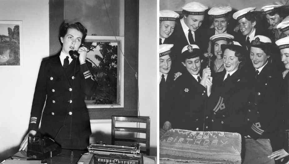 Left: First Officer Bowden, HMAS Cerberus, circa 1950. Right: First Officer Bowden oversees the cutting of a cake commemorating ten years since the initial establishment of the WRANS during World War II.