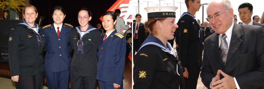 Left: Members of Canberra's crew pose with officers from the Chinese Peoples Liberation Army - Navy at an event celebrating Canberra's visit to Shanghai. 8 April 2005. Right: Able Seaman Kristy Rodda shares a light hearted moment with then Prime Minister of Australia John Howard onboard HMAS Canberra during World Expo at Aichi, Japan. 23 April 2005.