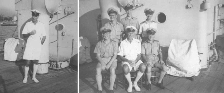 Left: Acting Lieutenant Commander Thomas S Marchington, RNR (Ret'd), Commanding Officer HMAS Cessnock (I). Right: The Commanding Officer with his fellow officers aboard Cessnock (I).