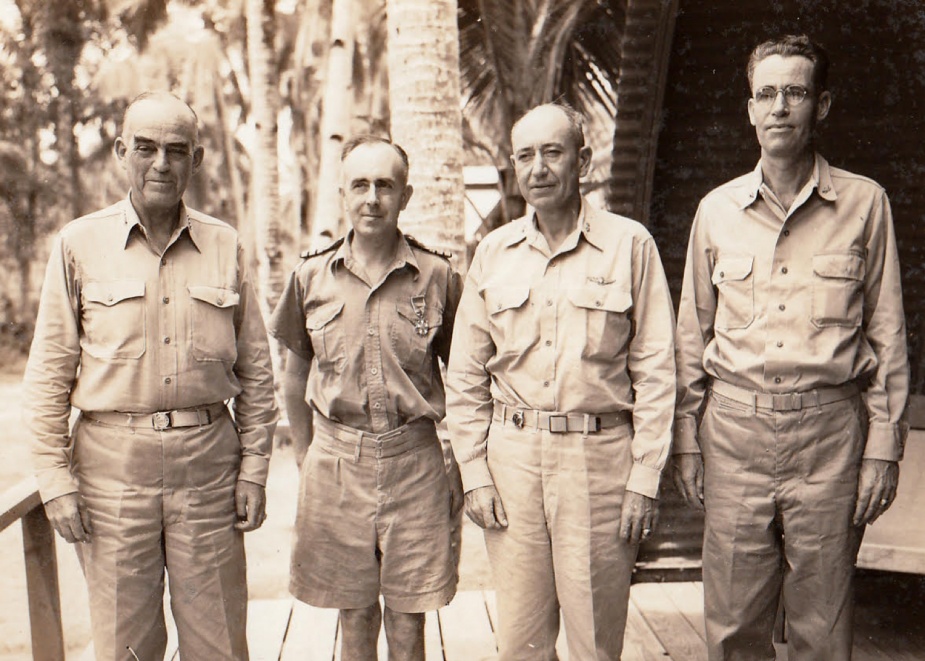 CMDR Chesterman between ADML Kinkaid USN (left) and RADM Thomas Combs USN after the award of the US Legion of Merit on 6 July 1945 in the grounds of Kinkaid’s final headquarters in Manila. RADM Combs was Kinkaid’s newly appointed Chief of Staff.