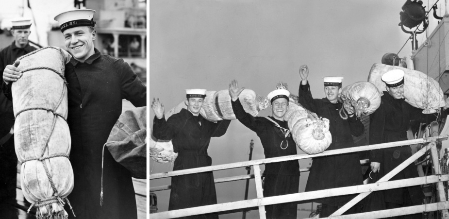 Left: National Service trainee Don Kennett from Adelaide with full gear as he goes aboard Colac for three weeks. (Argus Newspaper Collection of Photographs, State Library of Victoria) Right: National Service Trainees bringing their gear aboard Colac for three weeks at sea. (Argus Newspaper Collection of Photographs, State Library of Victoria)