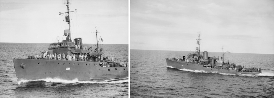 HMAS Colac at sea, circa 1944. (AWM 075751, R: AWM 075753)