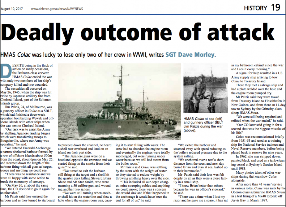 Article about the history of HMAS Colac from Navy News, Issue August 10, 2017.