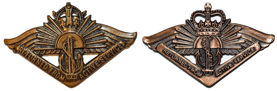 Right: Returned from Active Service Badge - King's Crown. right: Returned from Active Service Badge - Queen's Crown.