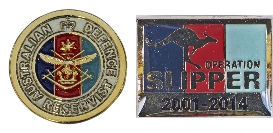 Left: Australian Defence Force Reservist Pin. Right: Operation SLIPPER Commemorative Pin.