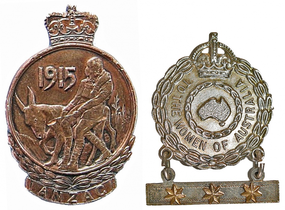 Left: ANZAC Commemorative Medallion and Lapel Badge. Right: Female Relative's Badge.