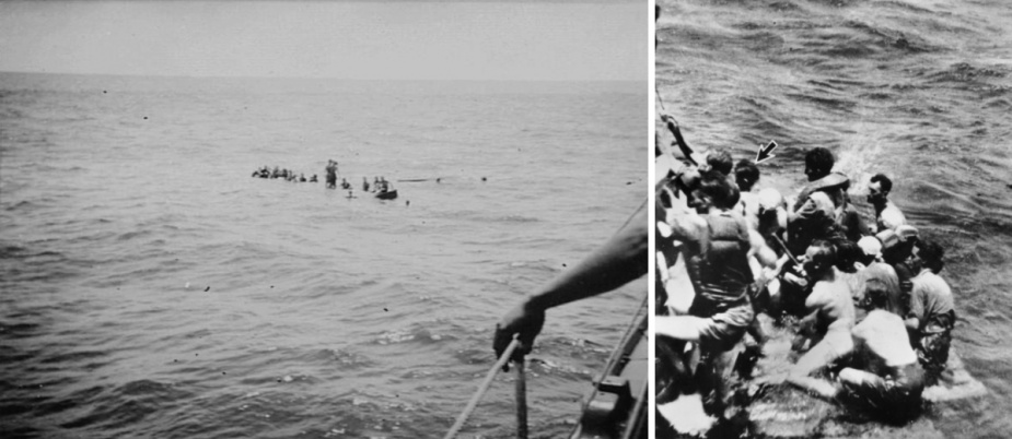 Left: Survivors from Merchant Ship SS Derrymore. Right: Flying Officer John G Gorton (indicated by the arrow), later Prime Minister of Australia, among survivors from the torpedoed SS Derrymore (4799 tons) who are being taken aboard Ballarat. The survivors, numbering 215, included 189 British Airmen.