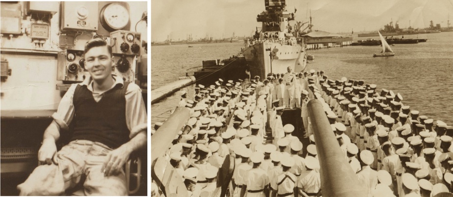 Left: Bill White onboard Hobart. Right: Commander in Chief, Mediterranean, Admiral Andrew Cunningham RN addresses his charges. (White Collection)   