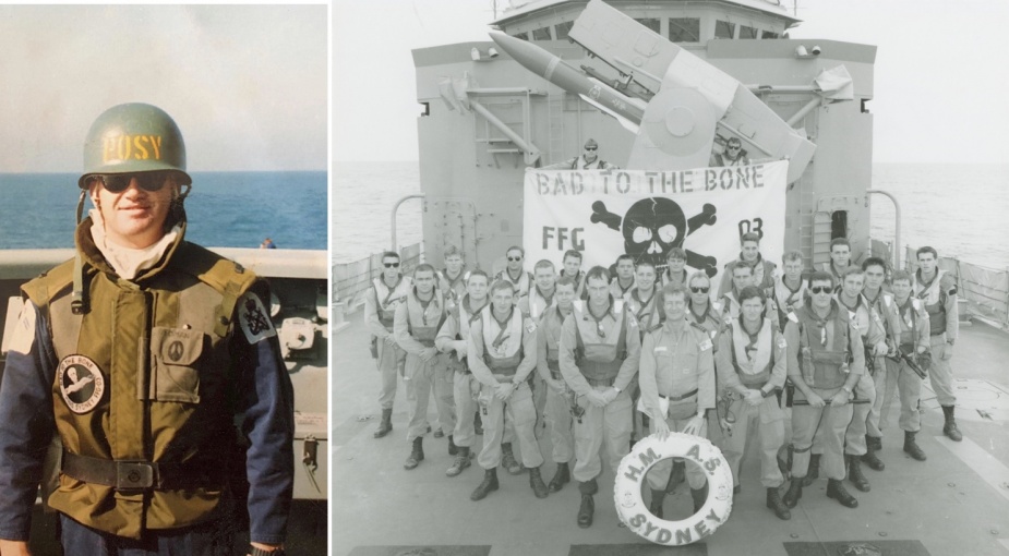 Left: Petty Officer Signals Yeoman Lindsay 'Blue' Morgan closed up for action in HMAS Sydney (IV) during DAMASK I. Right: HMAS Sydney (IV) Commanding Officer Captain LG Cordner, RAN (front) and the ship's two boarding teams assembled on the ship's forecastle.