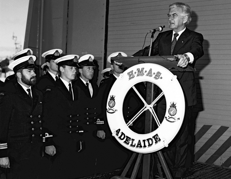 Australian Prime Minister RJ Hawke addresses the crew of HMAS Adelaide (II) before the frigate deployed to enforce sanctions against Iraq. August 1991.