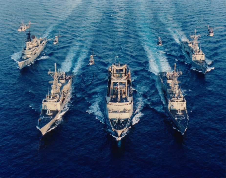HMA Ships Brisbane, Adelaide, Success, Darwin and Sydney rendezvous for a handover in the Gulf of Oman, 1990.