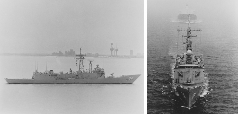 Left: HMAS Darwin off the coast of Kuwait, on her second tour of duty of the Gulf. Right: A pilot’s eye from a RAN Squirrel helicopter as HMAS Darwin escorts a large merchant vessel through the 'SMOID' - smog, oil and dust - pall which hangs over the Arabian Gulf.