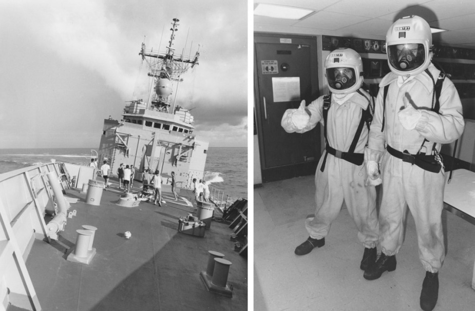 Left: Physical training on the forecastle during Officer of the Watch Manoeuvres on 15 April 1991. Right: Darwin personnel wearing the new RAN fire fighting helmets, 15 April 1991.