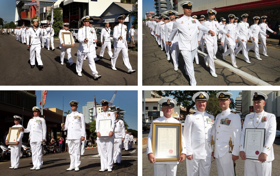 HMAS Coonawarra and HMAS Darwin exercised their right to a Freedom of Entry to the city of Darwin with a spectacular march through the city for Navy Week 2011. Top left: CMDR Richard Donnelly, CO HMAS Coonawarra (front left) and CMDR David Mann, CO HMAS Darwin (front right) lead the Freedom of Entry March through Knuckey Street, Darwin. Top right: Officers and crew of HMAS Darwin. Bottom left: CMDR Richard Donnelly (centre left) and CMDR David Mann (centre right) challenge Lord Mayor for Entry to the city of Darwin. Bottom right: MDR Richard Donnelly and CMDR David Mann with Chief Petty Officer Naval Police Coxswain (CPONPC) Frank Ritchie (left) and CPONPC Ray Young (right), who are carrying the ship's authority for Freedom of Entry on completion of the march.