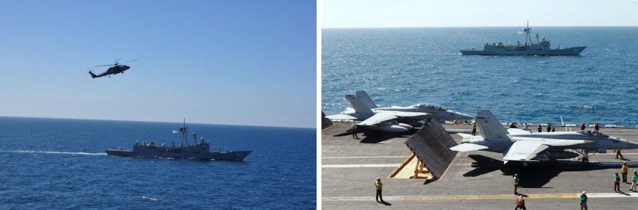 Left: HMAS Darwin supports the USS George Washington as part of Exercise TALISMAN SABRE 2011. US Navy sailors launch and recover aircraft during a media visit to the USS George Washington 16 July 2011. The tour was set-up for the media to gain familiarisation of the ship and a better understanding of the role it would play during the exercise. Right: HMAS Darwin sails alongside the aircraft carrier USS George Washington, in the Arafura Sea, as part of Exercise TALISMAN SABRE 2011. United States Navy personnel are in the foreground preparing an F/A-18F (left) and F/A-18E (right) Super Hornet for launch from USS George Washington's catapult.