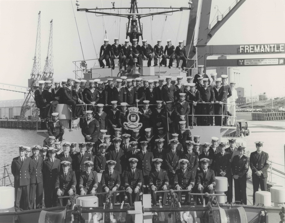 HMAS Diamantina ship's company assembled on board in Fremantle. August 1977.