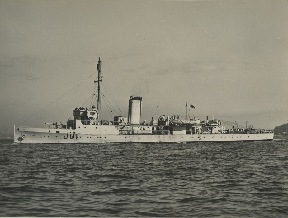 HMAS Doomba within Sydney Harbour, note the Sydney Harbour Bridge in the background. August 1943. 