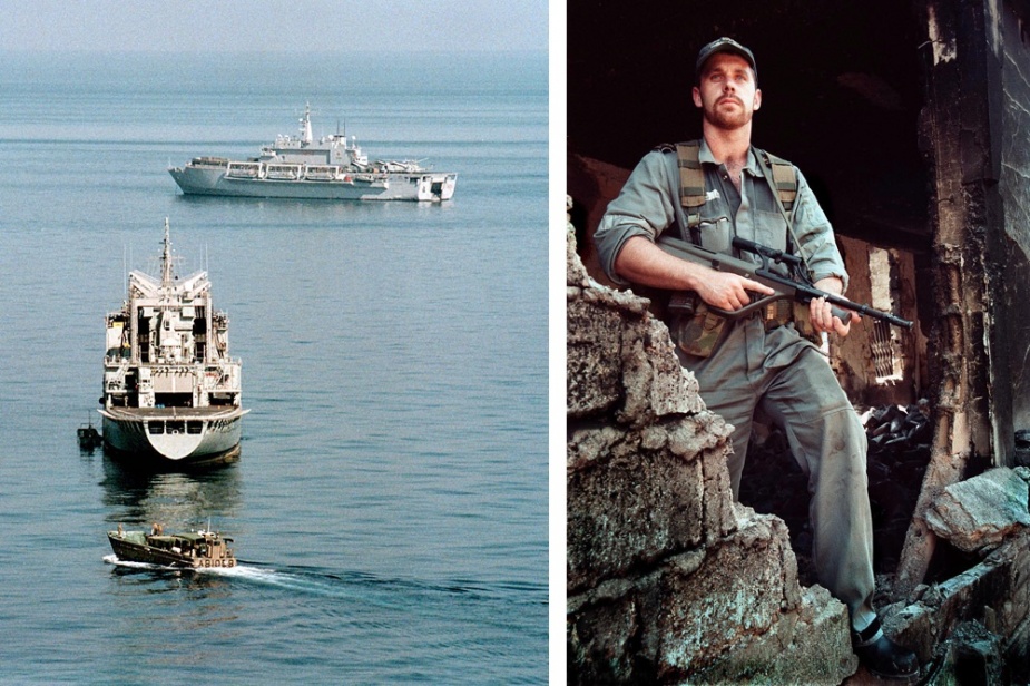 Left: HMAS Success prepares to receive an LCM8 landing craft alongside. Her Sea King helicopter is operating ashore along with her personnel providing security in and around Dili. The Italian amphibious transport dock San Giusto can be seen in the background. Right: LSMT Jason Thomas was among those who performed security duties in Dili where much of the capital had been razed.