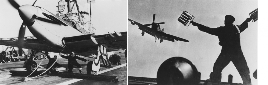 Left: Sydney's flight deck crew ready a Firefly for take off. Right: The 'Bat Man' guides a firefly onto to Sydney's deck.