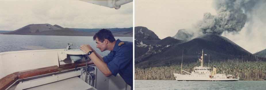 Commander R.R Nairn, RAN takes a compass bearing on the bridge wing of Flinders, the Vulcan Volcano in the background. Right: HMAS Flinders in the shadow of the erupting Tavurvur volcano. 