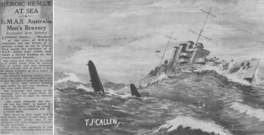 HMAS Australia's participation in the rescue of members of a Sunderland Flying Boat was captured in news articles and a painting by maritime artist TJ Callen.