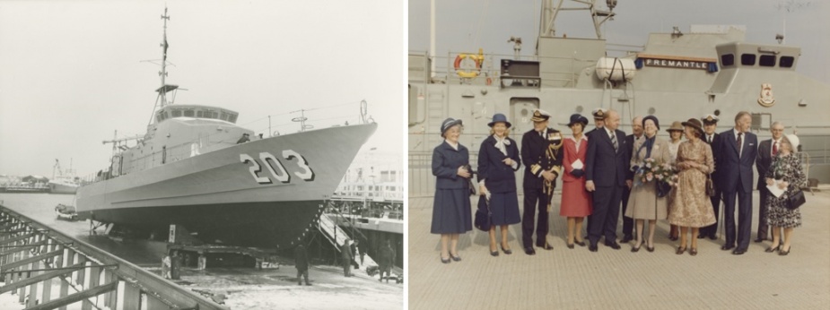 Left: HMAS Fremantle prior to launching, 16 February 1979. Right: Naming ceremony of HMAS Fremantle, 8 October 1979.