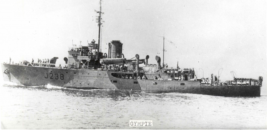 HMAS Gympie wearing her wartime disruptive pattern camouflage paint.
