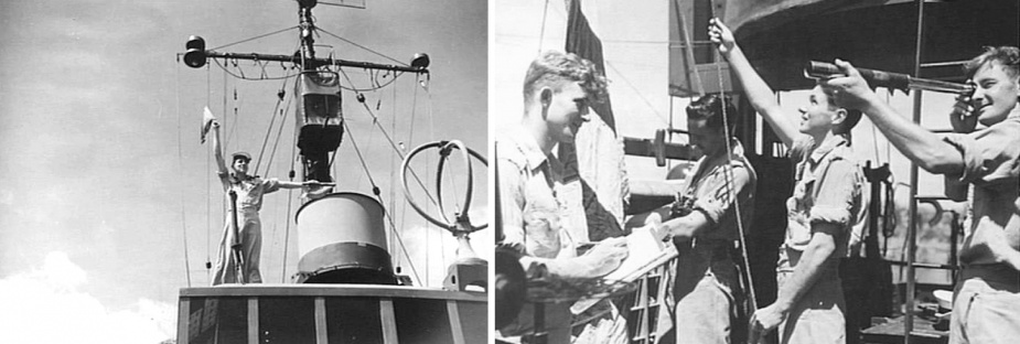 Left: A signalman transmits a message by semaphore from atop Gympie’s bridge. (AWM 076749) Right: Signalmen bending on flags and receiving messages aboard Gympie. (AWM 076751)
