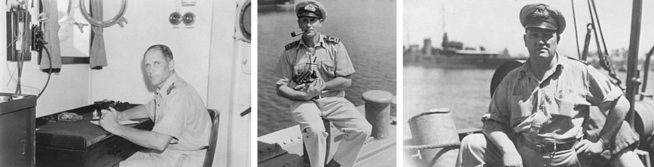 Left: Lieutenant NK Wallis, RAN, in his cabin aboard Gympie. (AWM 076752) Middle: Lieutenant NK Wallis, Commanding Officer of Gympie, nursing the ship’s mascot. (AWM 076748) Right: Lieutenant WV Woods, RANVR, Sea Transport Officer of Aitape, aboard Gympie. (AWM 076753)