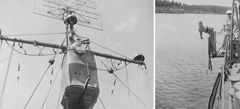 Left: A rating on the lookout from the crows nest of Gympie. (AWM 076750) Right: The quartermaster ‘swinging the lead’ (taking a manual depth sounding) aboard Gympie as she enters the bay. (AWM 076746)