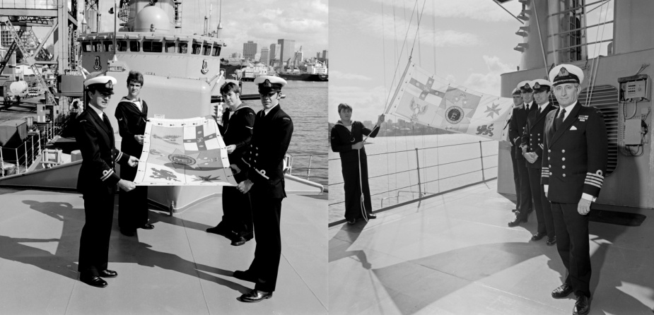  HMAS Torrens (II) acted as the Escort for the Royal Squadron in September 1981. Members of ship's company can be seen here, preparing to hoist Her Majesty's personal flag.