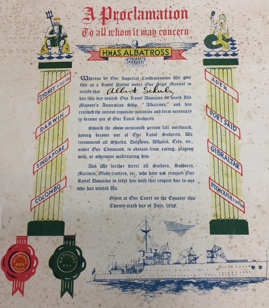 HMAS Albatross’ certificate, circa 1938. Note the wax seal of Neptunus Rex, this is a recurring theme.