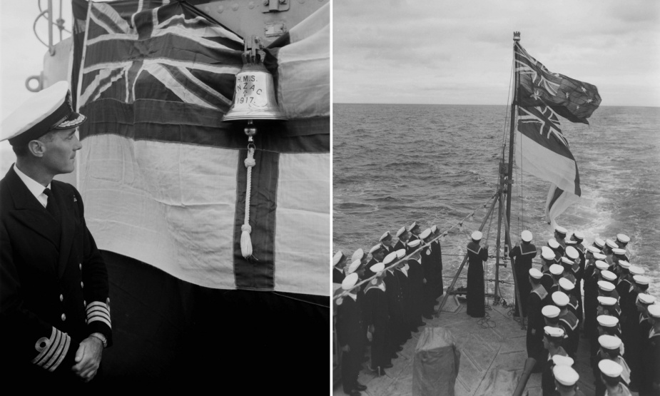 Right: Captain Urquhart inspecting the ship's bell. The bell was passed on from HMAS Anzac (I) and currently resides in the office of the Chief of Navy. Left: HMAS Anzac (II) is officially handed over to the RAN by Williamstown dockyard. The ceremony took place at sea on 22 March 1951 and was marked with the hauling down of the Red Ensign and the raising of the White Ensign.
