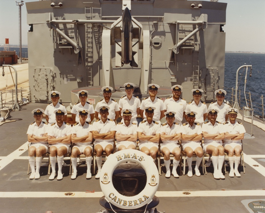 HMAS Canberra's wardroom officers photographed while alongside Fleet Base West, HMAS Stirling during 1983.