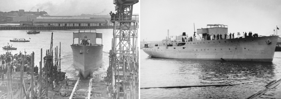 HMAS Katoomba takes to the water for the first time prior to fitting out and later undertaking acceptance trials.