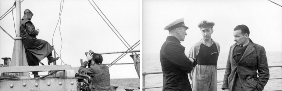 Cameraman on board HMAS Orara during minesweeping operations in Bass Strait 1941. (AWM)