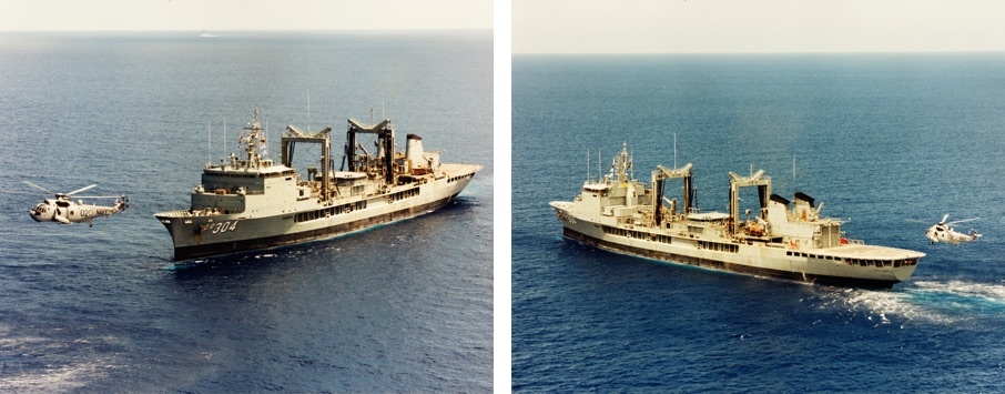 HMAS Success (II) and her embarked Sea King helicopter Shark 02, circa 1993. (JS O'Hara collection)