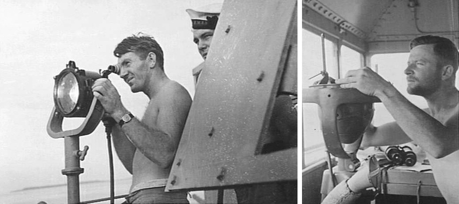 Left: Directional flashing light was routinely used during World War II to pass signals between ships. Right: One of Stawell’s officers takes a routine navigational fix while on watch on the bridge.