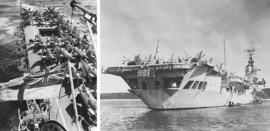 Left: Sydney en route to Australia with her aircraft embarked on the flight deck. Right: Sydney unloading aircraft for transfer ashore to NAS Nowra while at anchor in Jervis Bay, NSW.