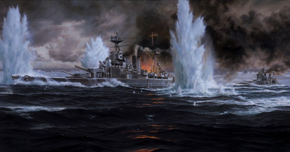 HMS Hood and HMS Prince of Wales under fire during the engagement with Bismarck and Prinz Eugen in the Denmark Strait. (Used with kind permission of maritime artist Joseph Reindler).