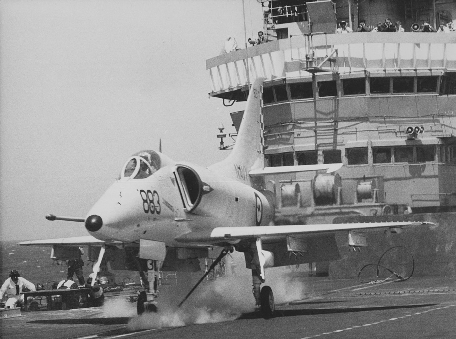 An RAN A4G about to launch from the deck of HMS Hermes. This was the first occasion on which the new RAN A4Gs had arrested and launched from the deck of an aircraft carrier. Hermes was at that time operating in waters off the NSW coast near Jervis Bay.