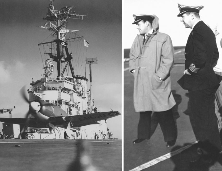 Left: A Royal Navy Sea Fury launches from Sydney's flight deck. Right: Captain Harries conferring with one of his officers on Sydney's flight deck.