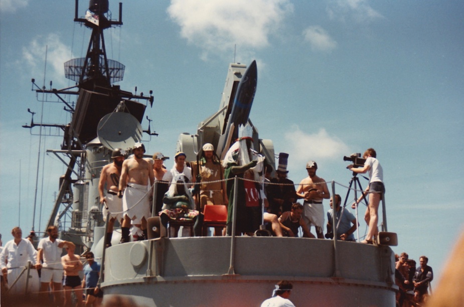 The aft missile launcher onboard HMAS Hobart (II) was the perfect place to hear the petitions of those appearing before Neptunus Rex in 1985.