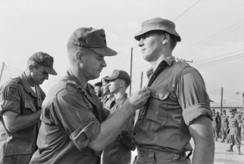 By November 1968 Shipp had flown many missions as a door gunner. In January 1969 he was presented with a US Air Medal with 'V' for Valor clasp, by Lieutenant Colonel Wallace Baker, US Army, 222 Combat Aviation Battalion at Camp Bear Cat, South Vietnam