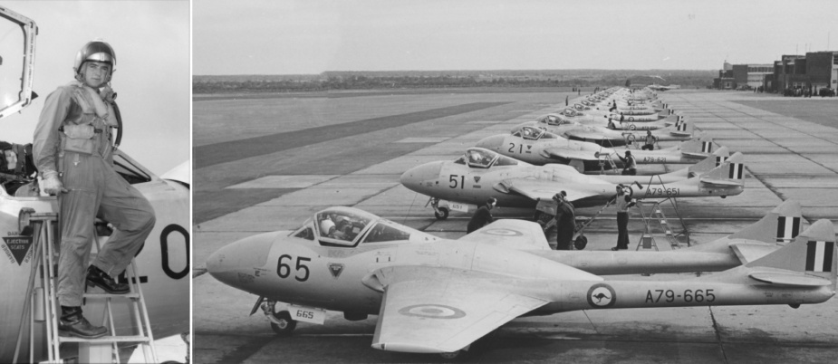 Left: Jeff beside the cockpit of an RAAF Vampire trainer at RAAF Pearce. Right: Vampires on the flight line at RAAF Pearce, WA.