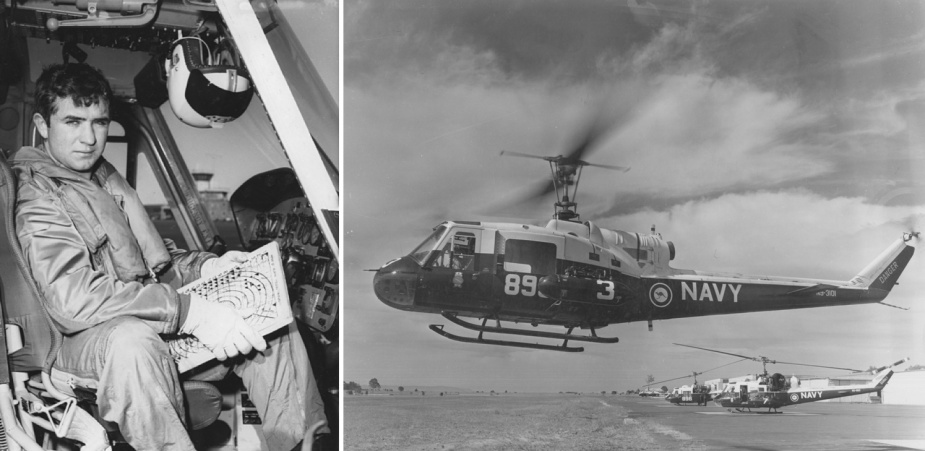 Jeff in the cockpit of an RAN UH-1B Iroquois helicopter during rotary wing conversion training. 