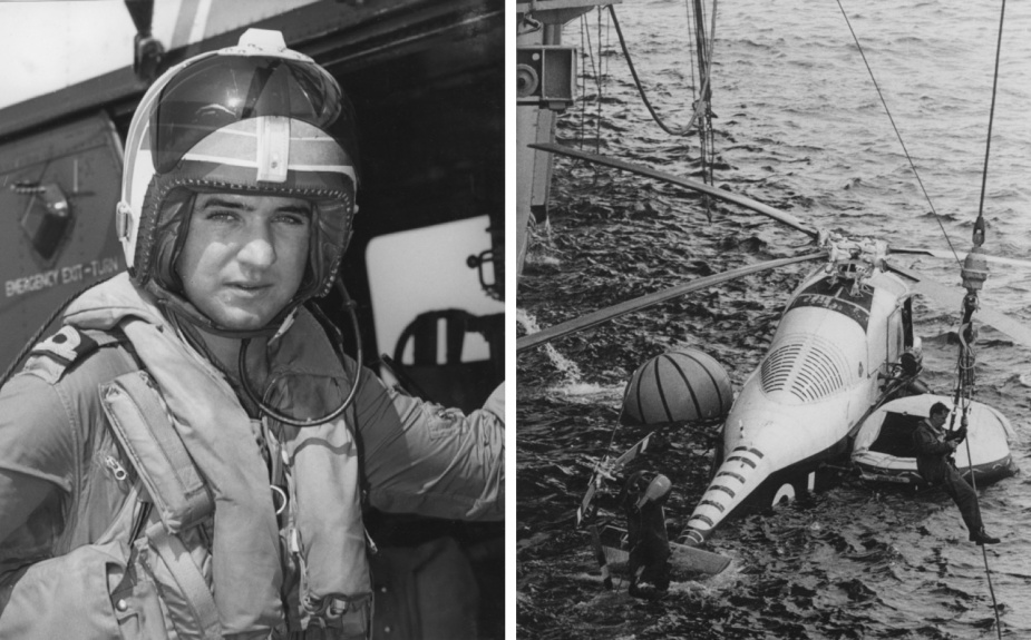 Left: Sub Lieutenant Jeff Dalgliesh beside and 817 Squadron Wessex helicopter. Right: Wessex 831 following a skilful ditching alongside HMAS Melbourne.