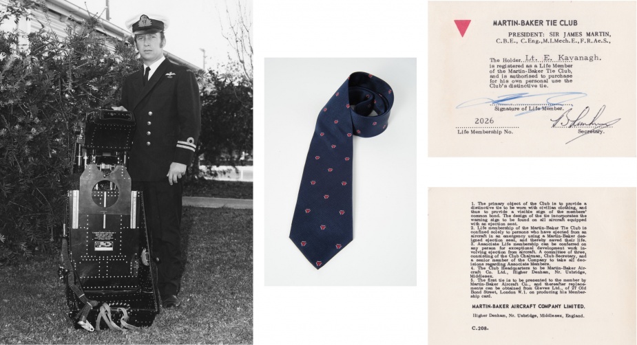 Left: Lieutenant Errol Kavanagh beside a Martin-Baker ejection seat of the type used by himself and Clarke on 28 April 1971. Right: The exclusive Martin-Baker Tie and membership card.