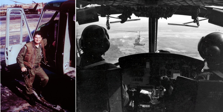 Left: Ray beside a 'Huey' in South Vietnam. Right: Air mobile operations in Vietnam routinely resulted in the aircraft coming under fire, adding to the perils of flying in close formation.